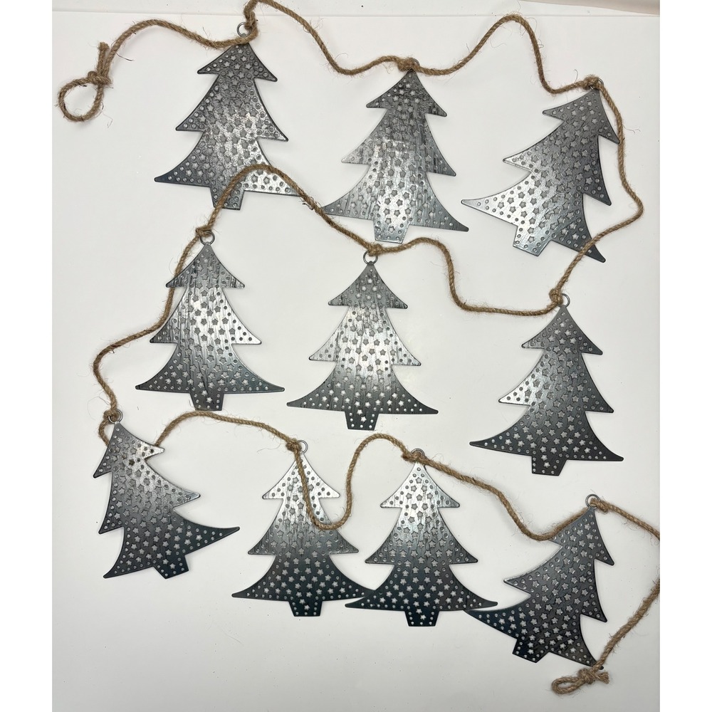 Vintage Metal Farmhouse Christmas Tree Garland Punched Star Jute Rope 76 Inch